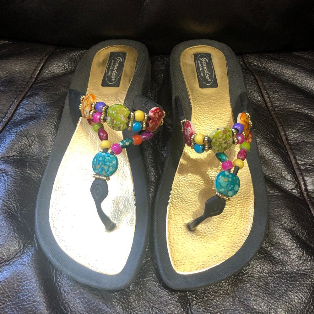 GRANDCO Women's Marble Cork Beaded Waterproof Molded Sole Beach Thong Sandal